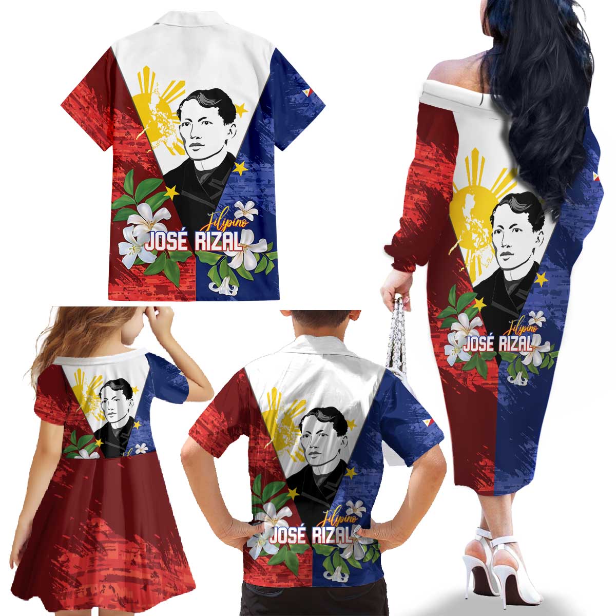 Philippines Rizal Day Family Matching Off The Shoulder Long Sleeve Dress and Hawaiian Shirt Filipino Sampaguita Grunge Style LT14 - Polynesian Pride