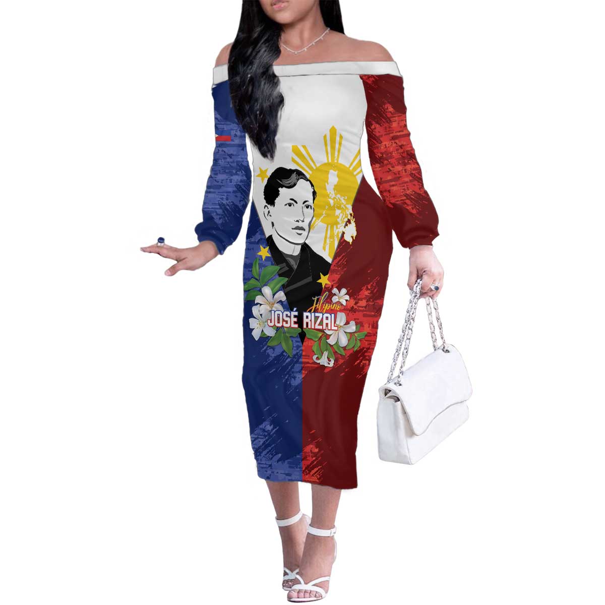 Philippines Rizal Day Family Matching Off The Shoulder Long Sleeve Dress and Hawaiian Shirt Filipino Sampaguita Grunge Style LT14 Mom's Dress Blue - Polynesian Pride