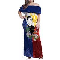 Philippines Rizal Day Family Matching Off Shoulder Maxi Dress and Hawaiian Shirt Filipino Sampaguita Grunge Style LT14 Mom's Dress Blue - Polynesian Pride