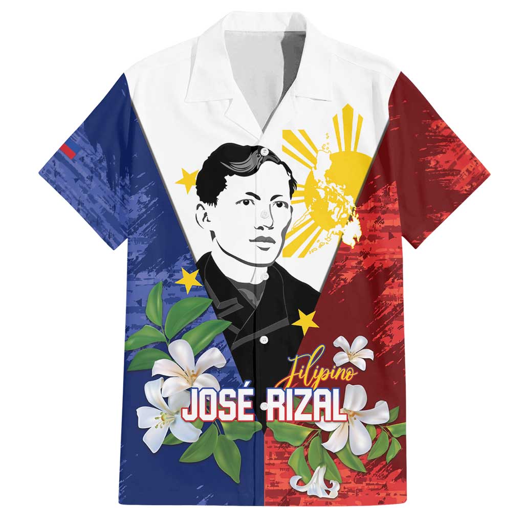 Philippines Rizal Day Family Matching Off Shoulder Short Dress and Hawaiian Shirt Filipino Sampaguita Grunge Style LT14 Dad's Shirt - Short Sleeve Blue - Polynesian Pride