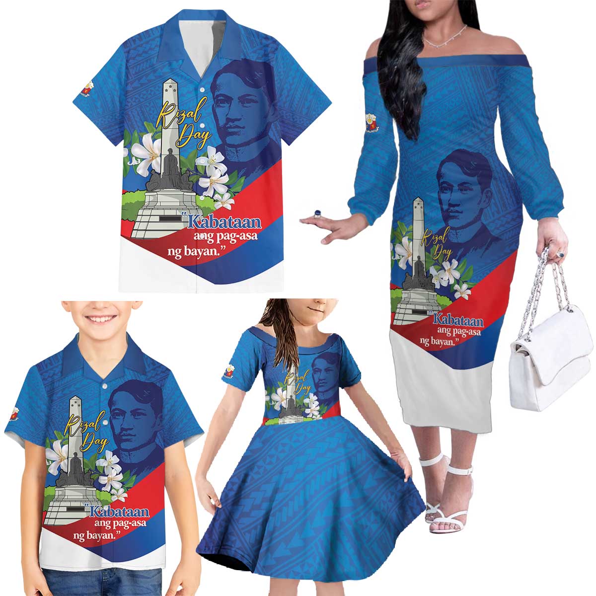 Philippines Rizal Day Family Matching Off The Shoulder Long Sleeve Dress and Hawaiian Shirt Filipino Motto Stella Polynesian Pattern LT14 - Polynesian Pride