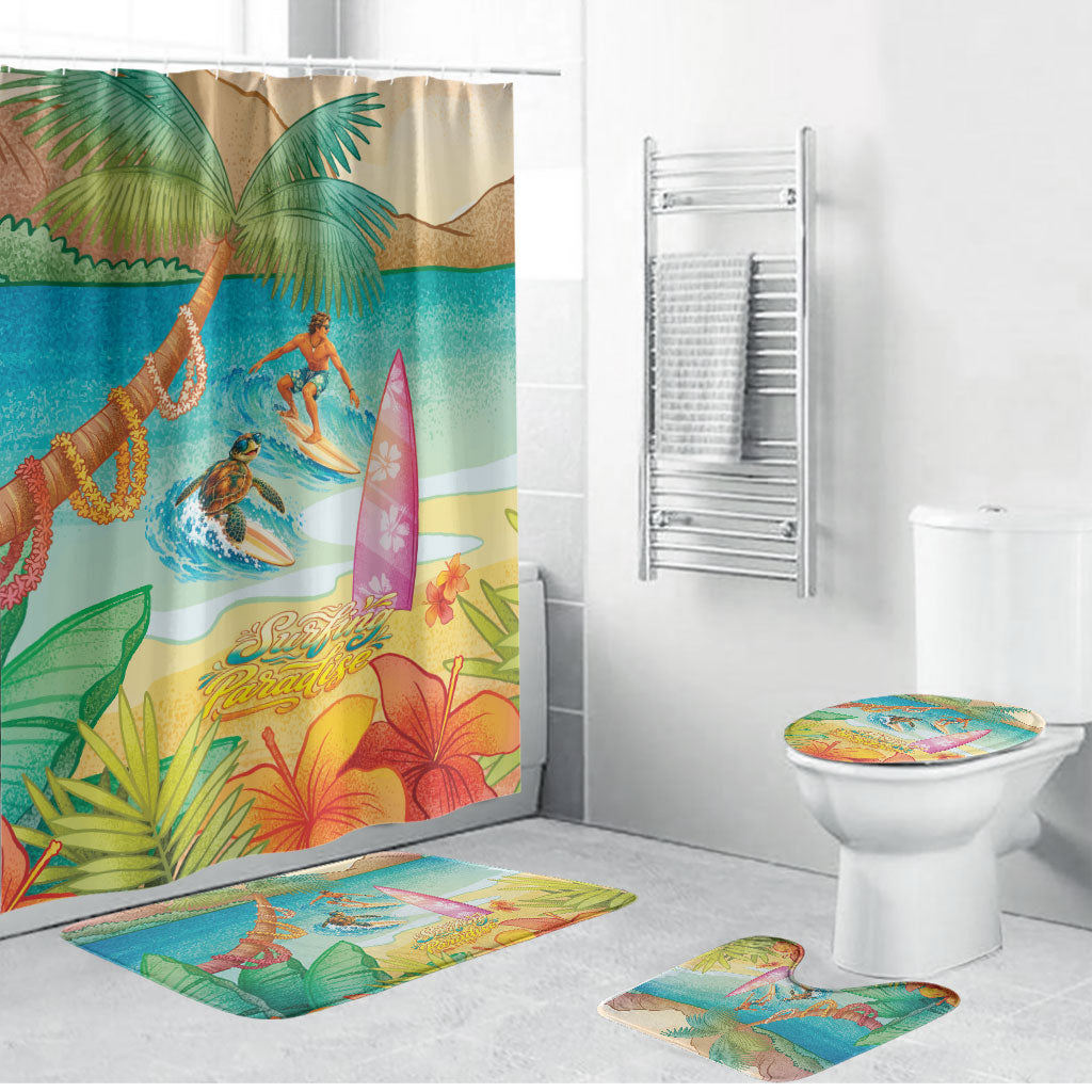 Surfing Paradise Hawaii Bathroom Set Tropical Flowers Beachy Vibes LT14 Bathroom Set (4 pcs) Multicolor - Polynesian Pride