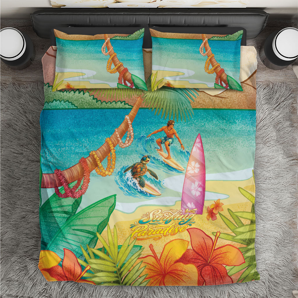 Surfing Paradise Hawaii Bedding Set Tropical Flowers Beachy Vibes