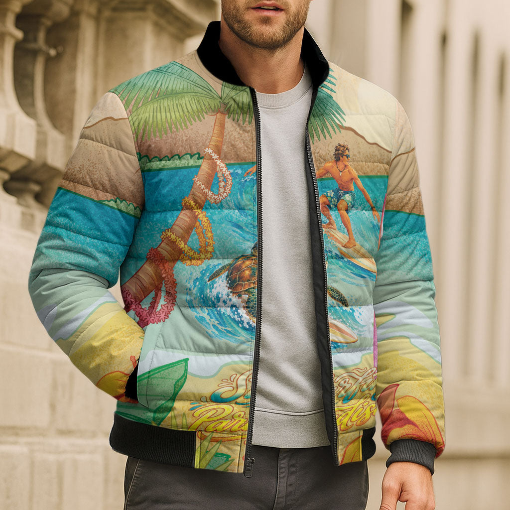 Surfing Paradise Hawaii Bomber Puffer Jacket Tropical Flowers Beachy Vibes LT14 - Polynesian Pride