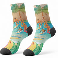Surfing Paradise Hawaii Crew Socks Tropical Flowers Beachy Vibes LT14 - Polynesian Pride