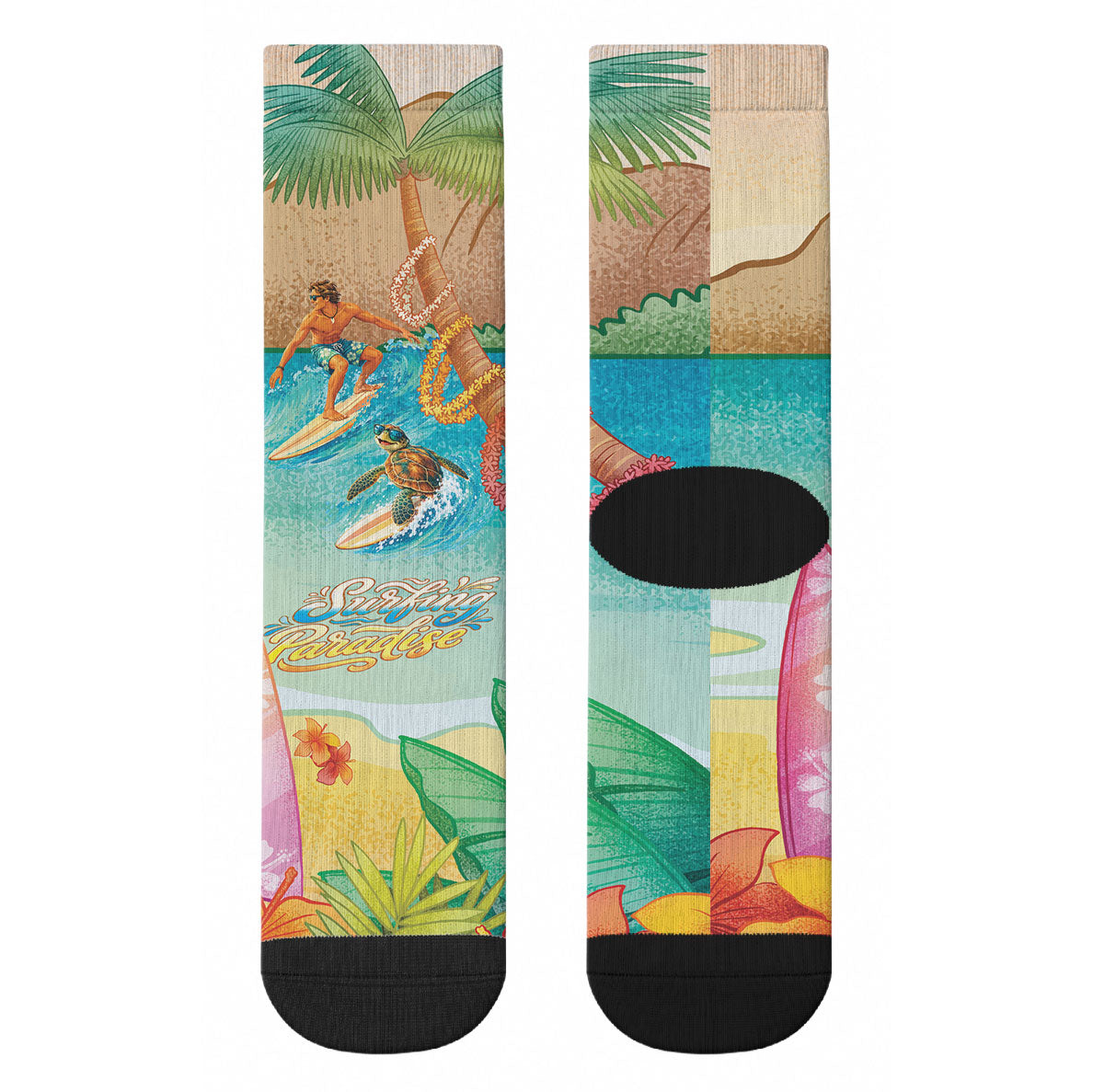 Surfing Paradise Hawaii Crew Socks Tropical Flowers Beachy Vibes LT14 - Polynesian Pride