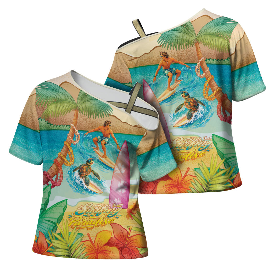 Surfing Paradise Hawaii Cross Shoulder Shirt Tropical Flowers Beachy Vibes LT14 - Polynesian Pride