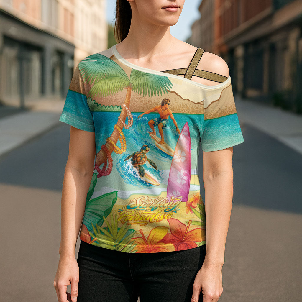 Surfing Paradise Hawaii Cross Shoulder Shirt Tropical Flowers Beachy Vibes LT14 - Polynesian Pride