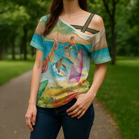 Surfing Paradise Hawaii Cross Shoulder Shirt Tropical Flowers Beachy Vibes LT14 - Polynesian Pride