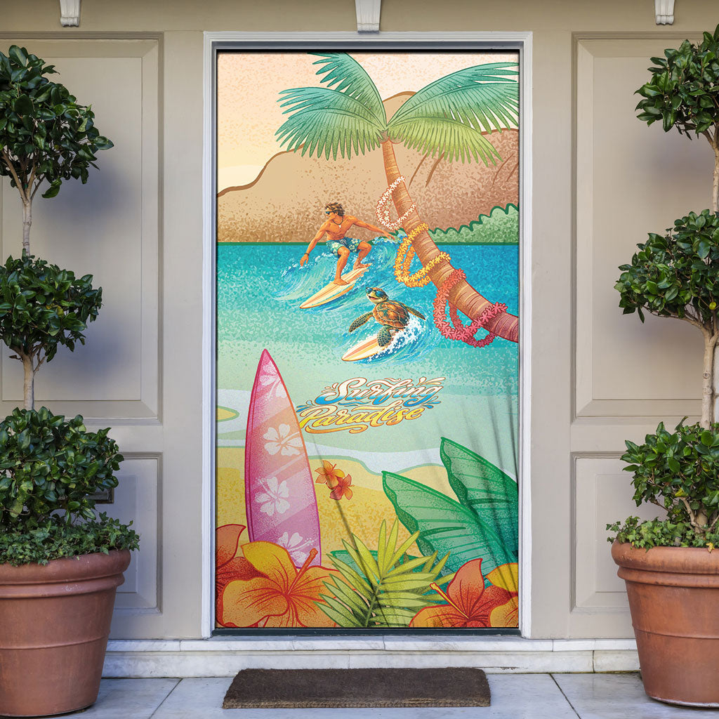 Surfing Paradise Hawaii Door Cover Tropical Flowers Beachy Vibes LT14 Multicolor - Polynesian Pride