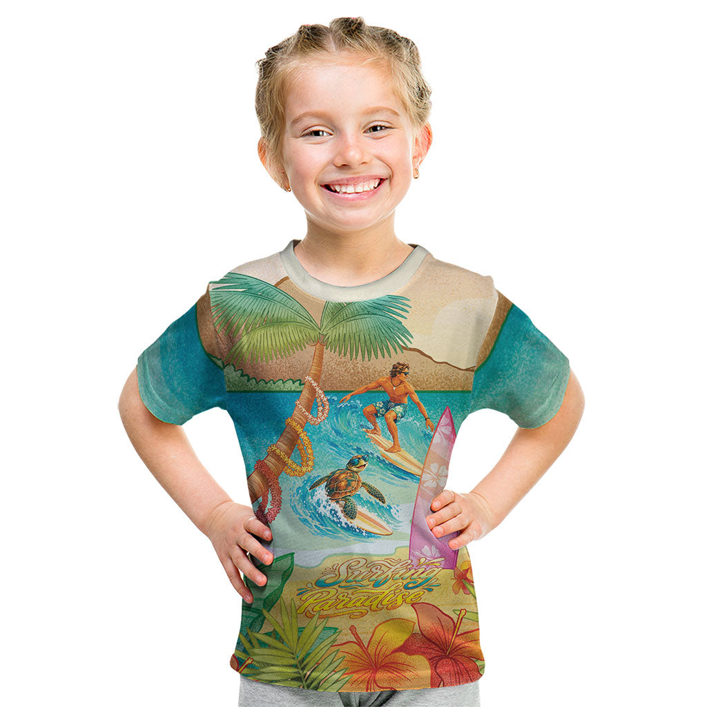 Surfing Paradise Hawaii Kid T Shirt Tropical Flowers Beachy Vibes LT14 Multicolor - Polynesian Pride