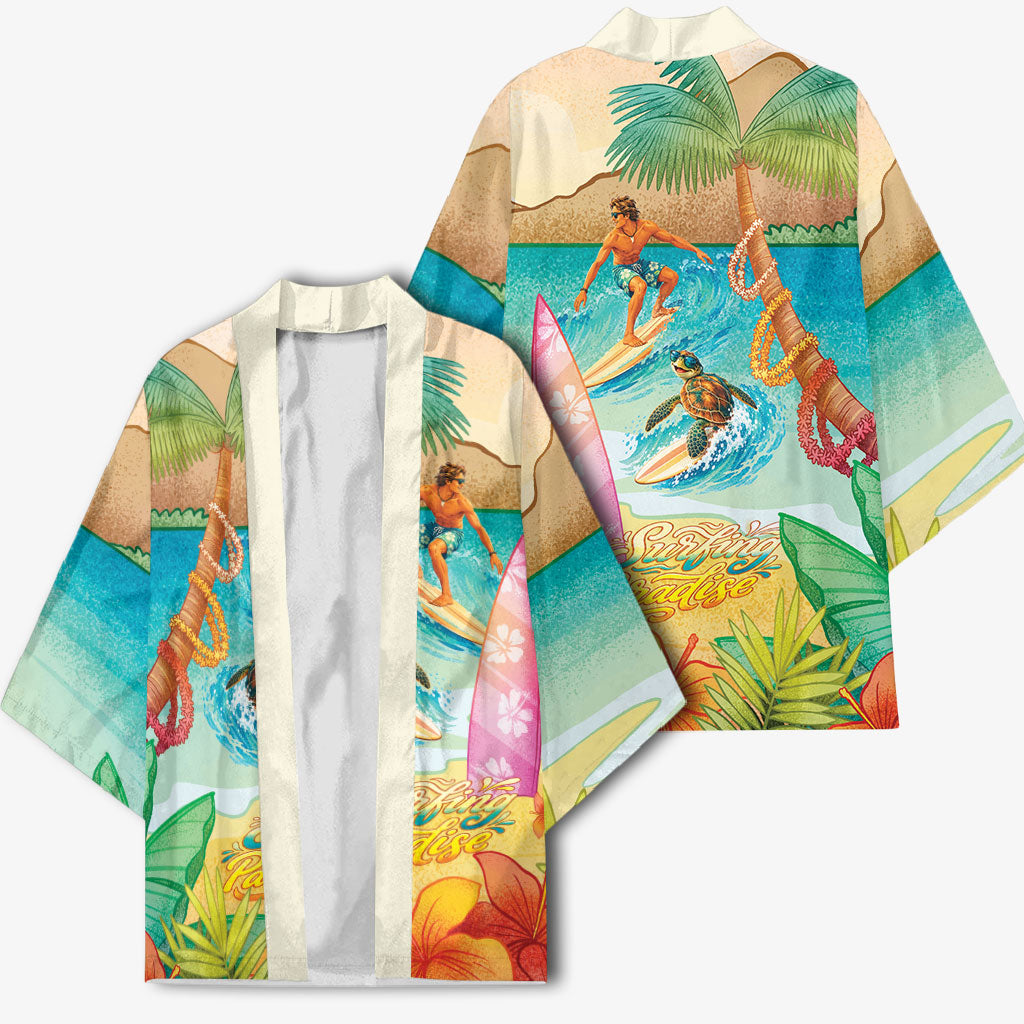 Surfing Paradise Hawaii Kimono Tropical Flowers Beachy Vibes LT14 - Polynesian Pride
