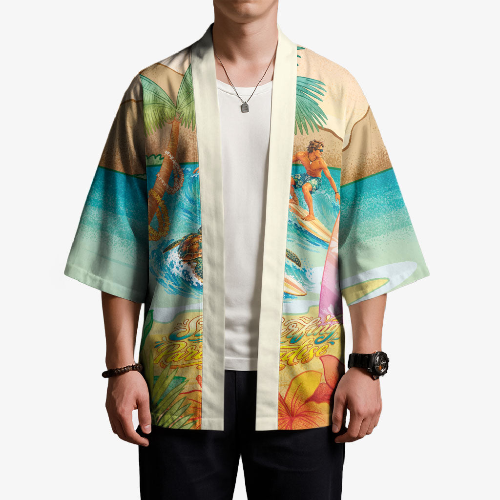 Surfing Paradise Hawaii Kimono Tropical Flowers Beachy Vibes LT14 - Polynesian Pride