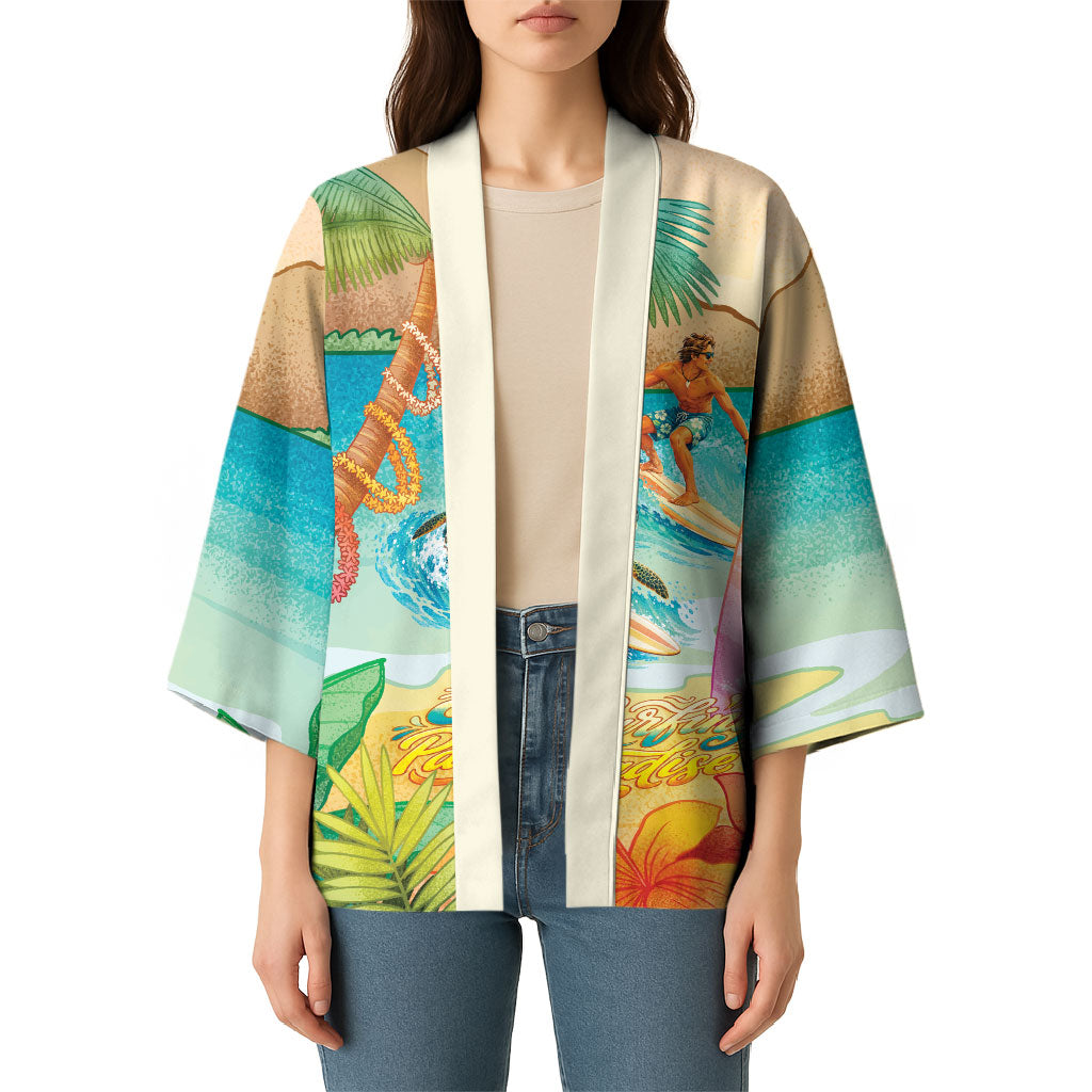 Surfing Paradise Hawaii Kimono Tropical Flowers Beachy Vibes LT14 - Polynesian Pride