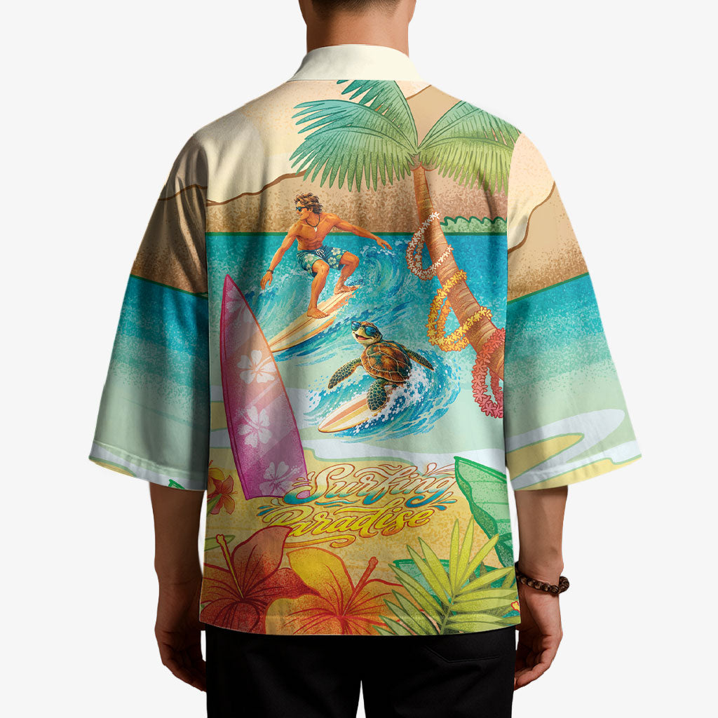 Surfing Paradise Hawaii Kimono Tropical Flowers Beachy Vibes LT14 - Polynesian Pride
