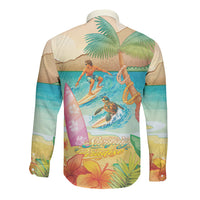 Surfing Paradise Hawaii Long Sleeve Button Shirt Tropical Flowers Beachy Vibes