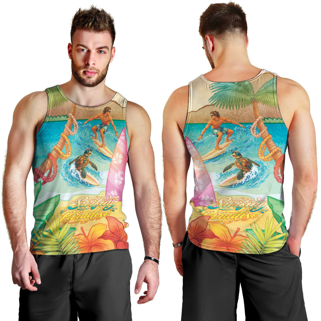 Surfing Paradise Hawaii Men Tank Top Tropical Flowers Beachy Vibes LT14 - Polynesian Pride