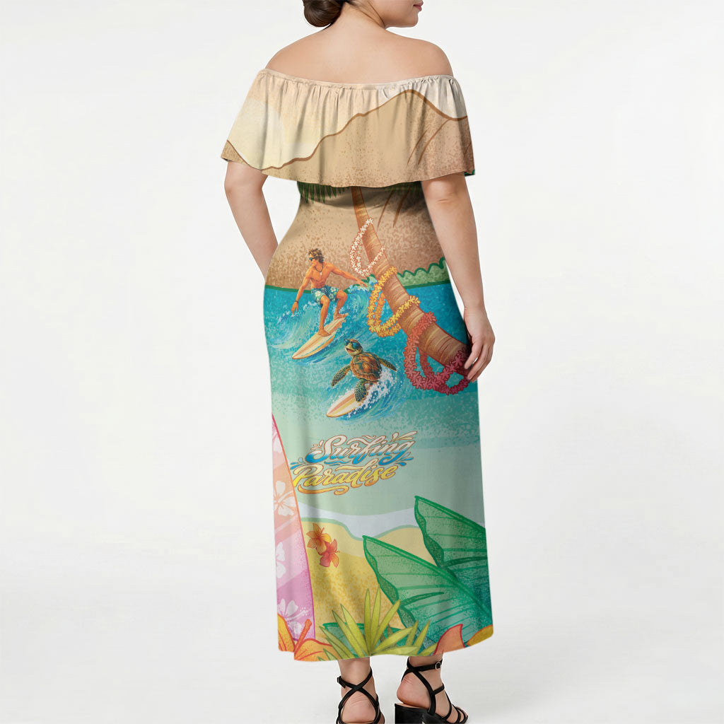 Surfing Paradise Hawaii Off Shoulder Maxi Dress Tropical Flowers Beachy Vibes LT14 - Polynesian Pride