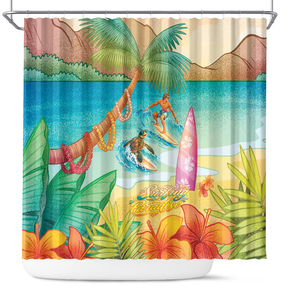 Surfing Paradise Hawaii Shower Curtain Tropical Flowers Beachy Vibes