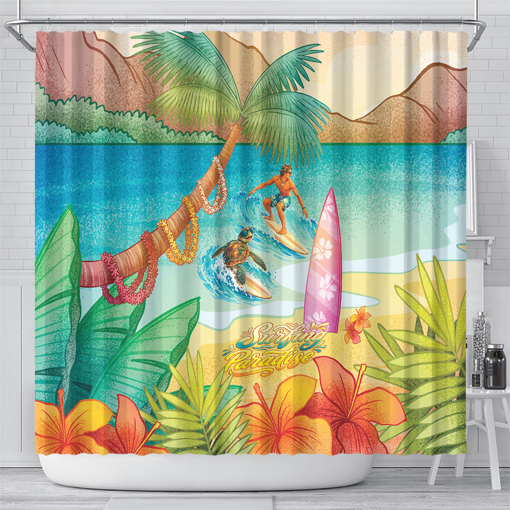 Surfing Paradise Hawaii Shower Curtain Tropical Flowers Beachy Vibes