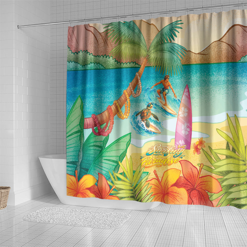 Surfing Paradise Hawaii Shower Curtain Tropical Flowers Beachy Vibes
