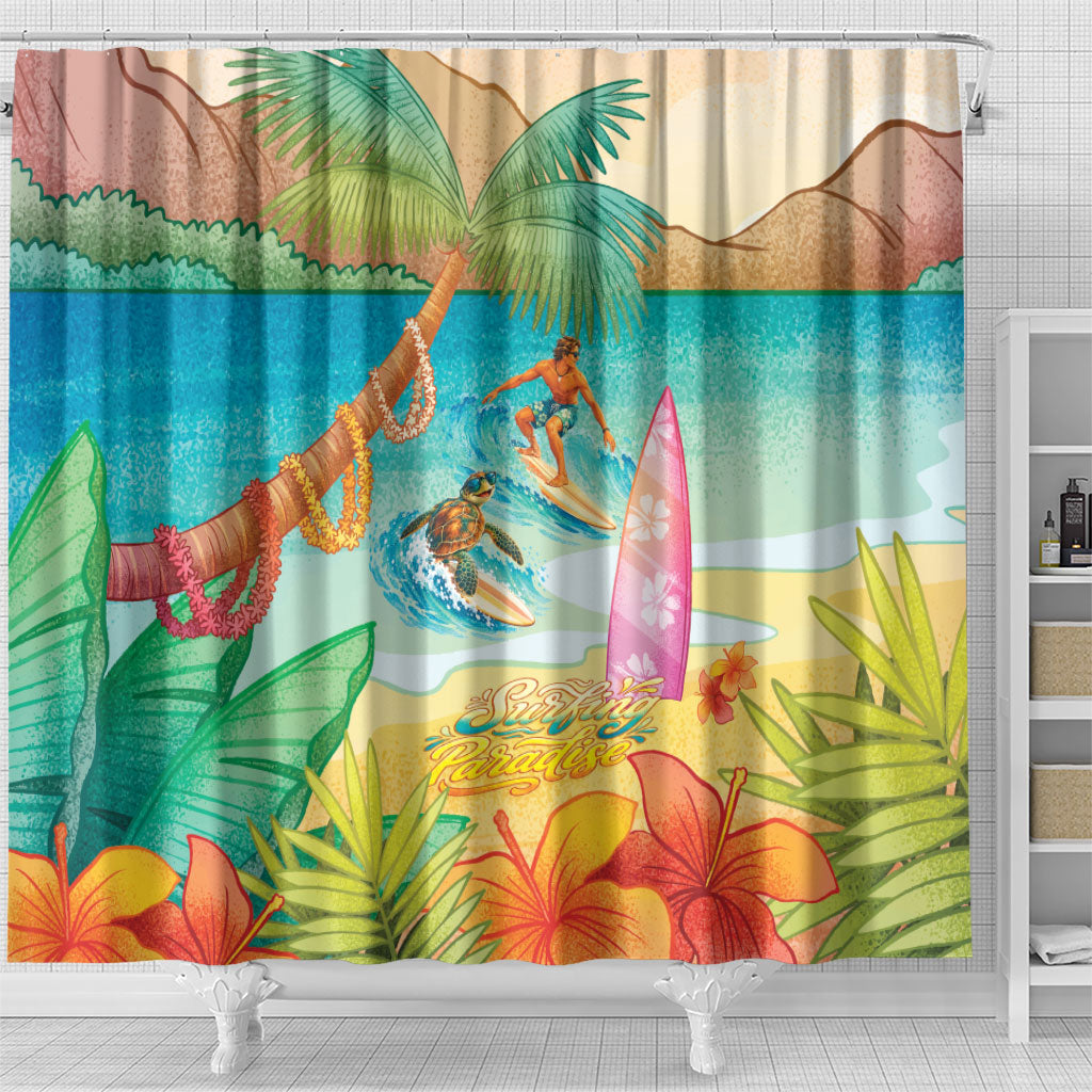 Surfing Paradise Hawaii Shower Curtain Tropical Flowers Beachy Vibes