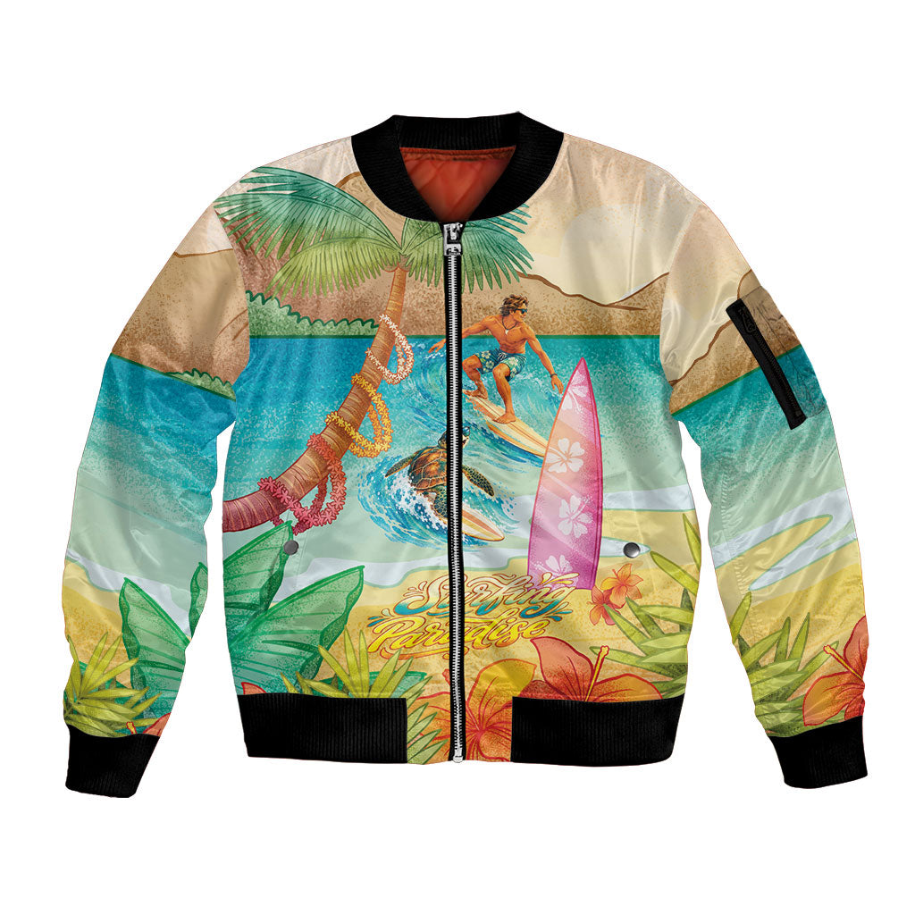 Surfing Paradise Hawaii Sleeve Zip Bomber Jacket Tropical Flowers Beachy Vibes
