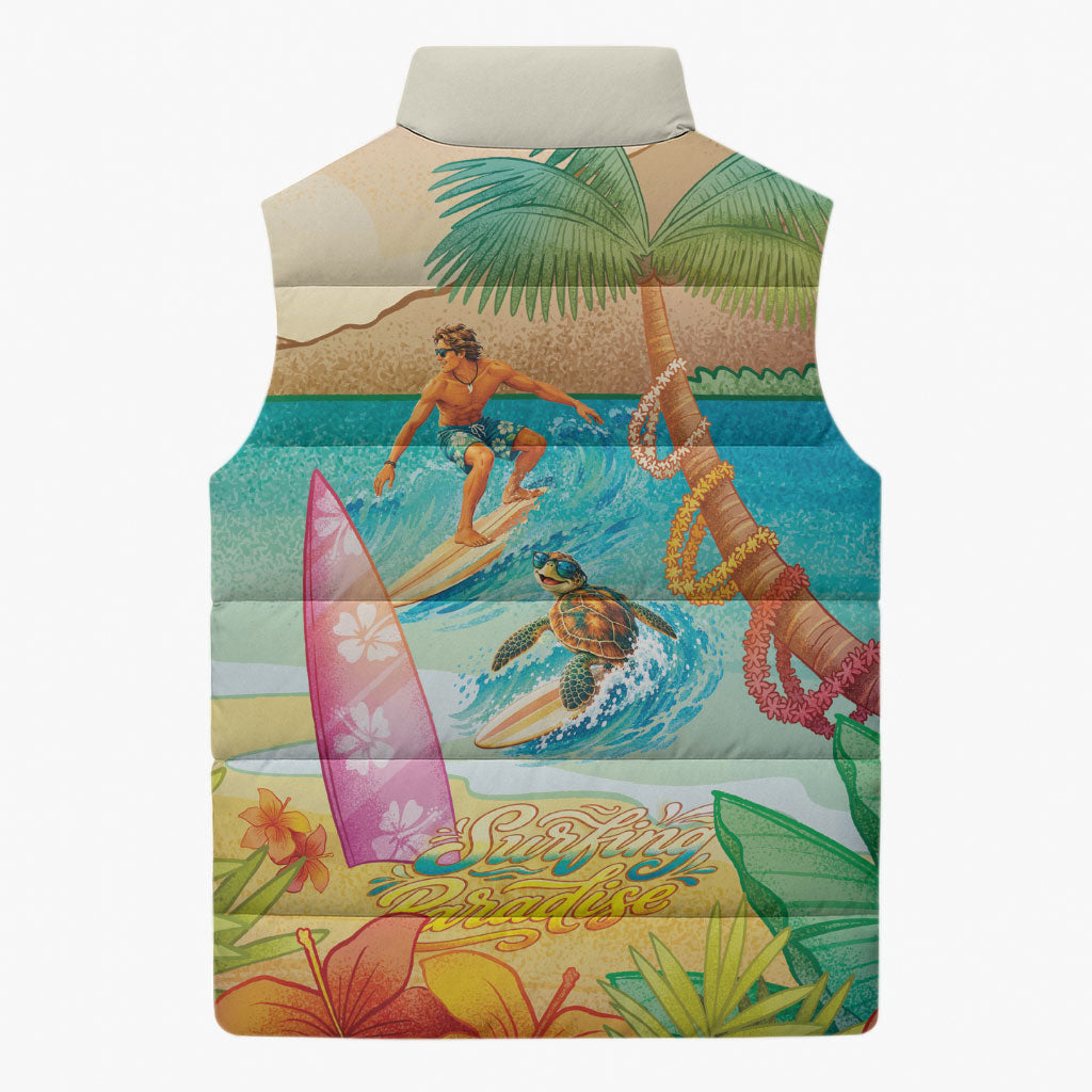 Surfing Paradise Hawaii Sleeveless Puffer Jacket Tropical Flowers Beachy Vibes LT14 - Polynesian Pride