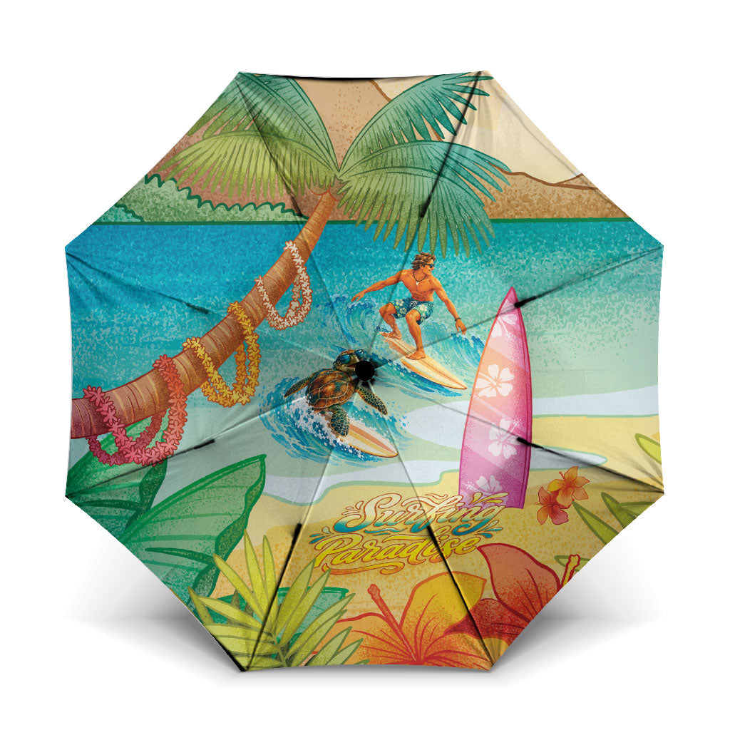 Surfing Paradise Hawaii Umbrella Tropical Flowers Beachy Vibes LT14 One Size Folded 11.42 inch Opened Diameter 37.4 inch Multicolor - Polynesian Pride