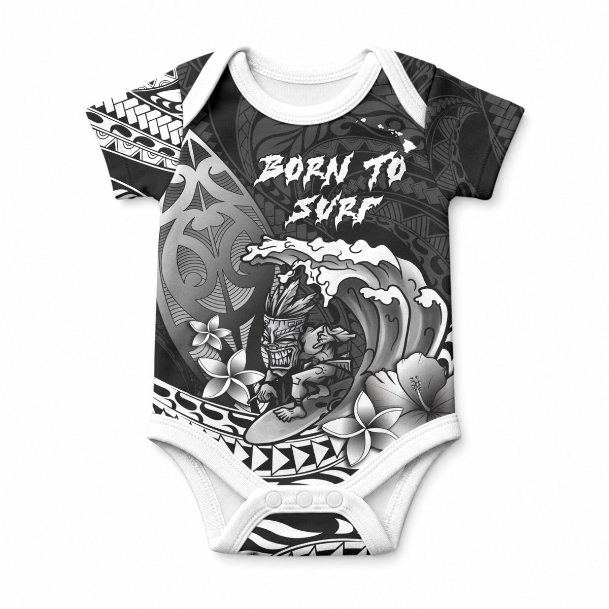 Hawaii Surfing Personalized Baby Onesie Born To Surf Tiki Hawaiian Pattern LT14 Black - Polynesian Pride