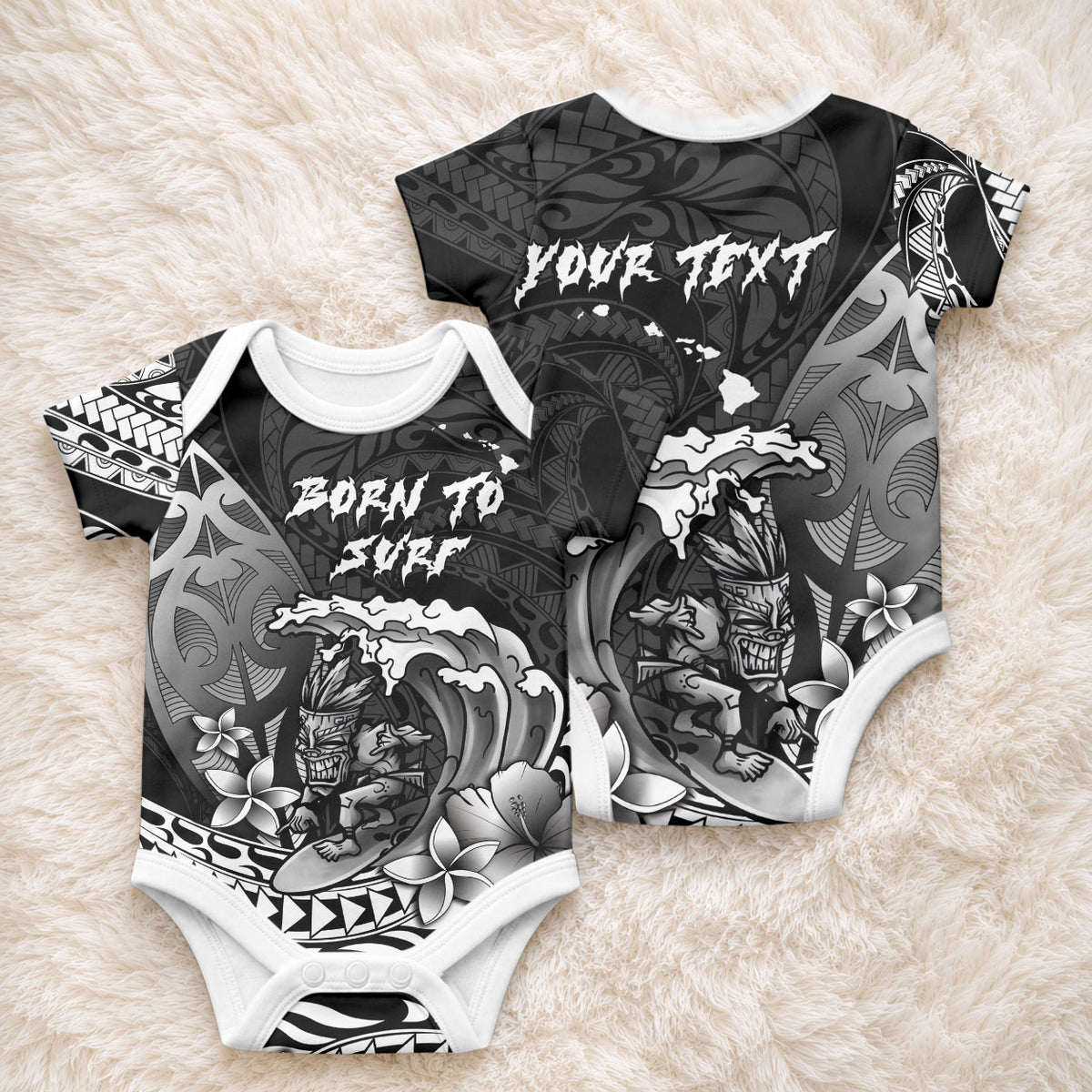 Hawaii Surfing Personalized Baby Onesie Born To Surf Tiki Hawaiian Pattern LT14 - Polynesian Pride