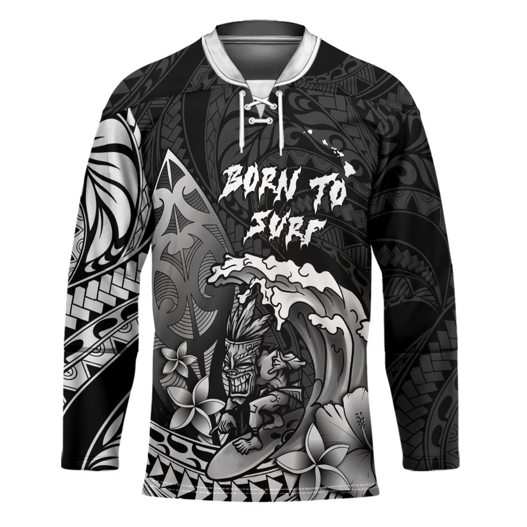 Hawaii Surfing Personalized Hockey Jersey Born To Surf Tiki Hawaiian Pattern LT14 Unisex Black - Polynesian Pride