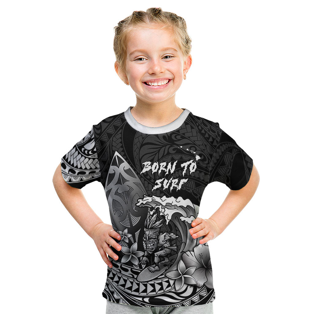 Hawaii Surfing Personalized Kid T Shirt Born To Surf Tiki Hawaiian Pattern LT14 Black - Polynesian Pride