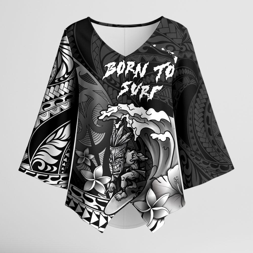 Hawaii Surfing Personalized Kimono Sleeve Blouse Born To Surf Tiki Hawaiian Pattern LT14 Female Black - Polynesian Pride