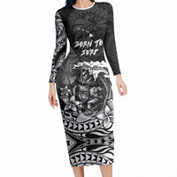 Hawaii Surfing Personalized Long Sleeve Bodycon Dress Born To Surf Tiki Hawaiian Pattern LT14 Long Dress Black - Polynesian Pride