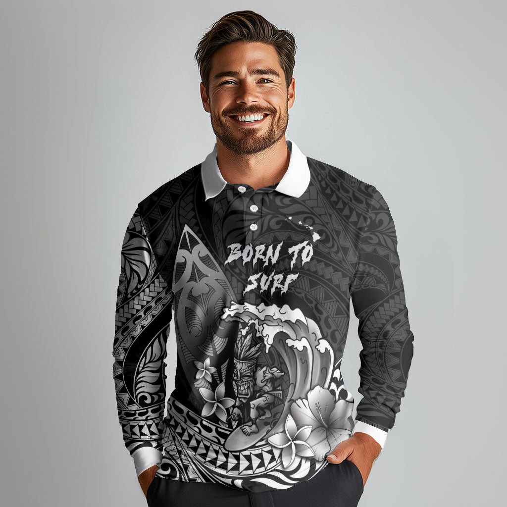 Hawaii Surfing Personalized Long Sleeve Polo Shirt Born To Surf Tiki Hawaiian Pattern LT14 - Polynesian Pride
