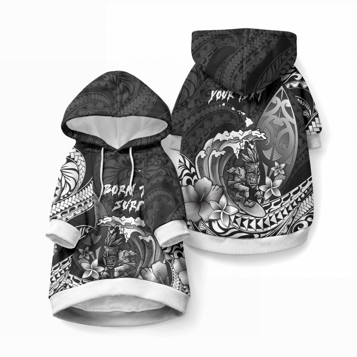 Hawaii Surfing Personalized Pet Hoodie Born To Surf Tiki Hawaiian Pattern LT14 Pullover Black - Polynesian Pride