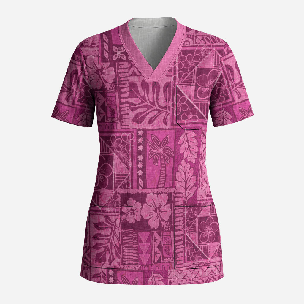 Hawaii Rainforest Beach Tropical Flowers Scrub Top LT14 Adult Pink - Polynesian Pride