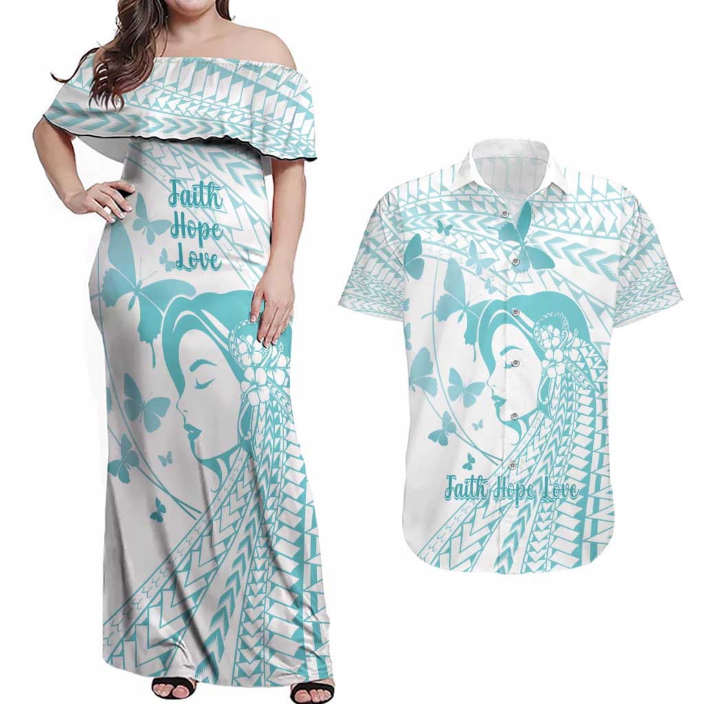 Polynesia Cervical Cancer Awareness Month Couples Matching Off Shoulder Maxi Dress and Hawaiian Shirt Polynesian Women Faith Hope Love! LT14 White - Polynesian Pride