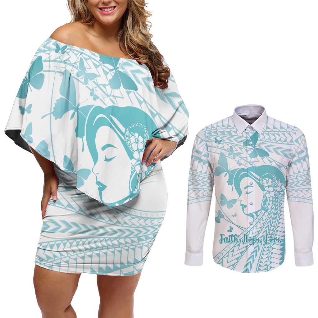 Polynesia Cervical Cancer Awareness Month Couples Matching Off Shoulder Short Dress and Long Sleeve Button Shirt Polynesian Women Faith Hope Love!
