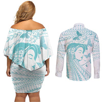 Polynesia Cervical Cancer Awareness Month Couples Matching Off Shoulder Short Dress and Long Sleeve Button Shirt Polynesian Women Faith Hope Love!