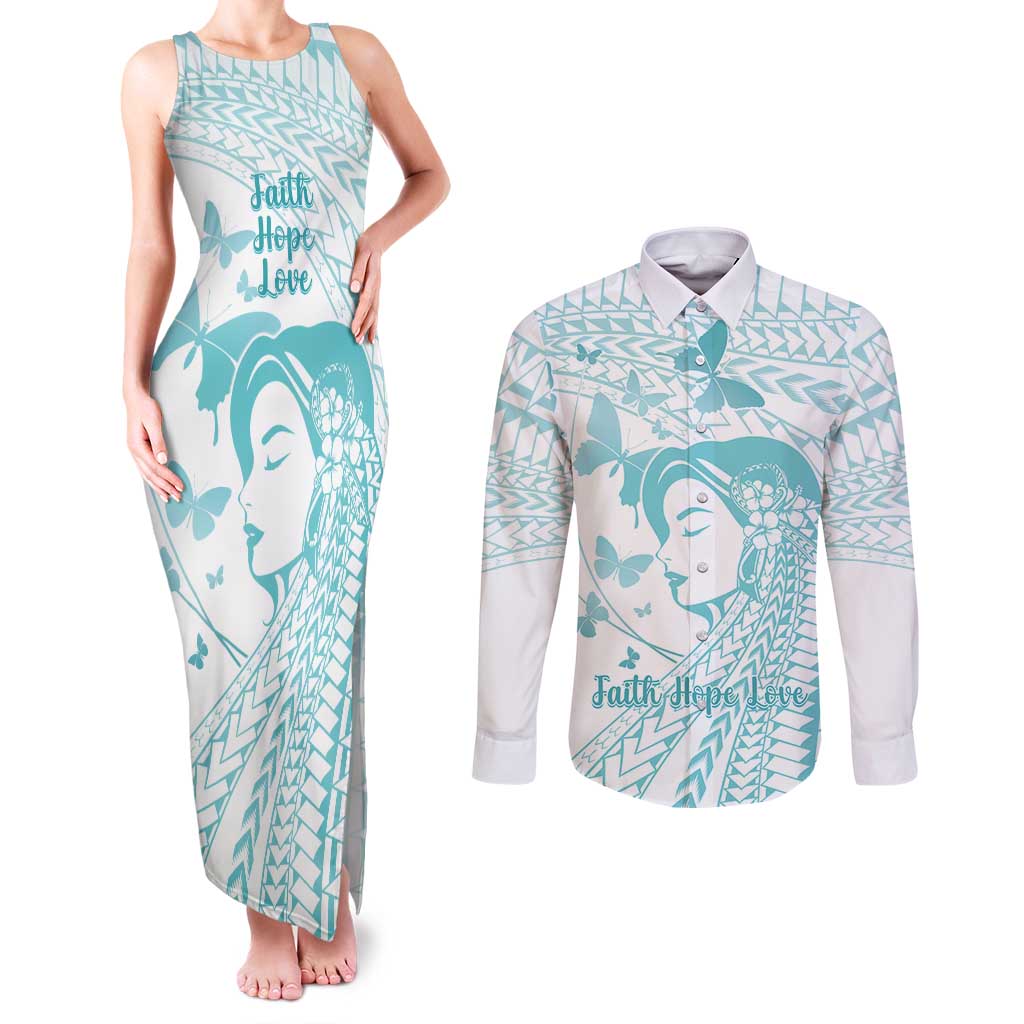 Polynesia Cervical Cancer Awareness Month Couples Matching Tank Maxi Dress and Long Sleeve Button Shirt Polynesian Women Faith Hope Love!
