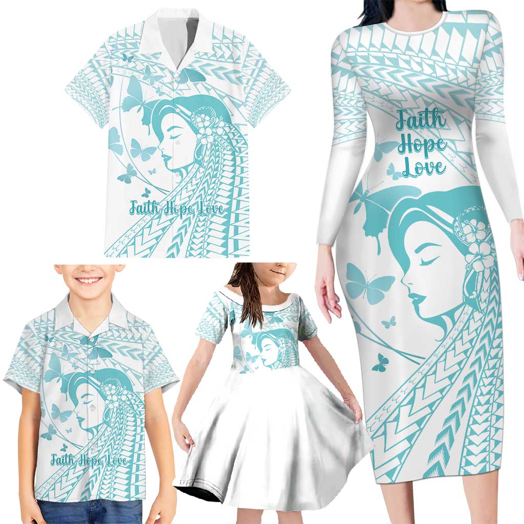Polynesia Cervical Cancer Awareness Month Family Matching Long Sleeve Bodycon Dress and Hawaiian Shirt Polynesian Women Faith Hope Love! LT14 - Polynesian Pride