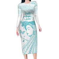 Polynesia Cervical Cancer Awareness Month Family Matching Long Sleeve Bodycon Dress and Hawaiian Shirt Polynesian Women Faith Hope Love! LT14 Mom's Dress White - Polynesian Pride