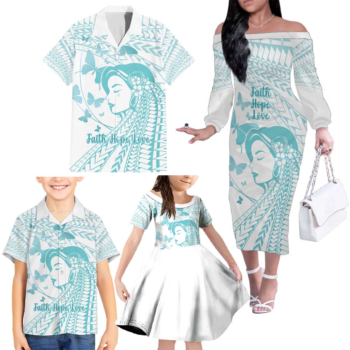 Polynesia Cervical Cancer Awareness Month Family Matching Off The Shoulder Long Sleeve Dress and Hawaiian Shirt Polynesian Women Faith Hope Love! LT14 - Polynesian Pride