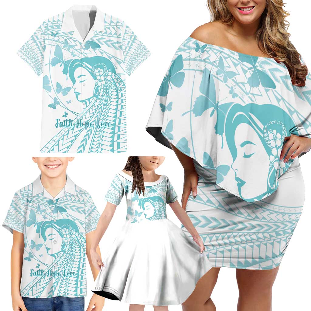 Polynesia Cervical Cancer Awareness Month Family Matching Off Shoulder Short Dress and Hawaiian Shirt Polynesian Women Faith Hope Love! LT14 - Polynesian Pride