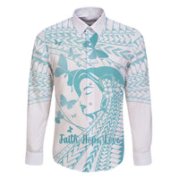 Polynesia Cervical Cancer Awareness Month Family Matching Puletasi and Hawaiian Shirt Polynesian Women Faith Hope Love! LT14 Dad's Shirt - Long Sleeve White - Polynesian Pride