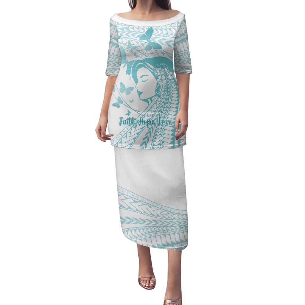 Polynesia Cervical Cancer Awareness Month Family Matching Puletasi and Hawaiian Shirt Polynesian Women Faith Hope Love! LT14 Mom's Dress White - Polynesian Pride