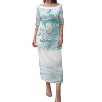 Polynesia Cervical Cancer Awareness Month Family Matching Puletasi and Hawaiian Shirt Polynesian Women Faith Hope Love! LT14 Mom's Dress White - Polynesian Pride