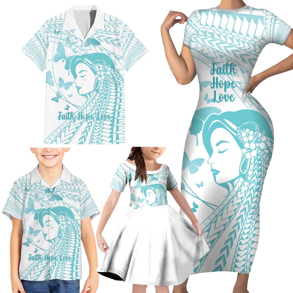 Polynesia Cervical Cancer Awareness Month Family Matching Short Sleeve Bodycon Dress and Hawaiian Shirt Polynesian Women Faith Hope Love! LT14 - Polynesian Pride
